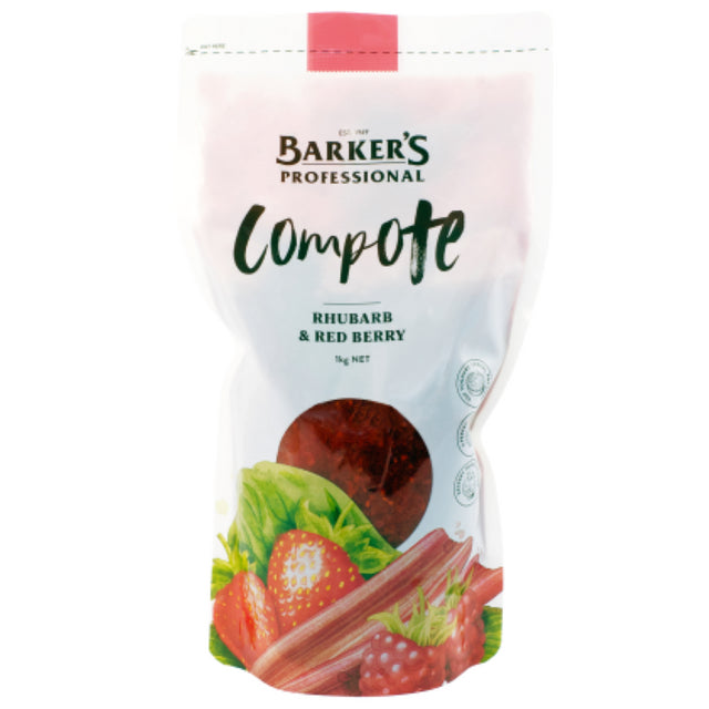 Luscious 1KG compote blending vibrant red berries and tangy rhubarb, perfect for toppings, desserts, or smoothies.