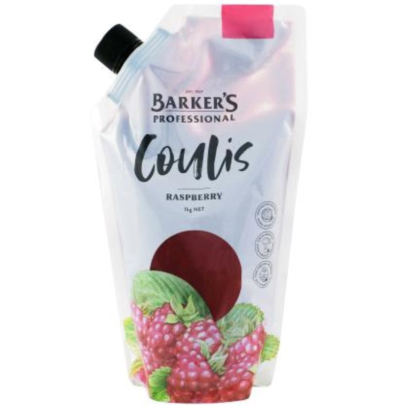 Premium raspberry coulis by Barkers in a 1KG bottle, perfect for desserts, sauces, and cocktails using New Zealand raspberries.