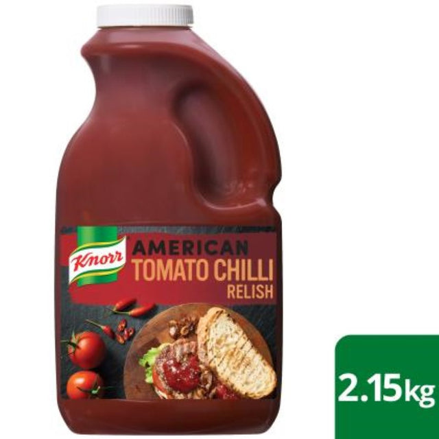 Zesty 2.15KG Knorr relish with tomatoes and chilies, perfect for enhancing burgers, pizzas, and more; gluten-free and no artificial additives.