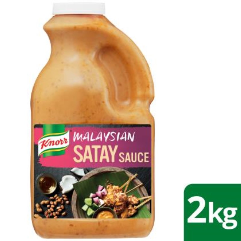 Gluten-free Knorr Malaysian Satay sauce in a 2KG container, perfect for enhancing dishes with rich, savory flavors.