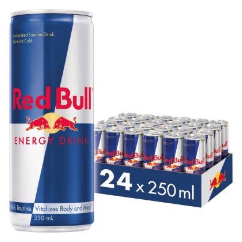 A pack of 24 Red Bull 250ml cans, delivering energy and refreshment, perfect for boosting your day. Imported from Austria.