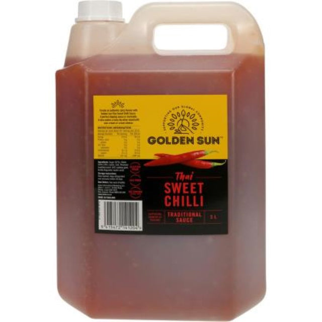 5L bottle of Golden Sun Sweet Thai Chili Sauce, featuring a sweet and spicy blend, perfect for cooking and dipping.