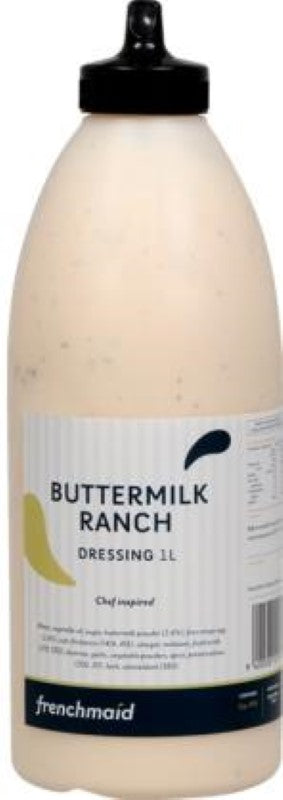 Buttermilk Ranch dressing in a 1L bottle from Frenchmaid, made with free-range eggs for salads, dips, and cooking.