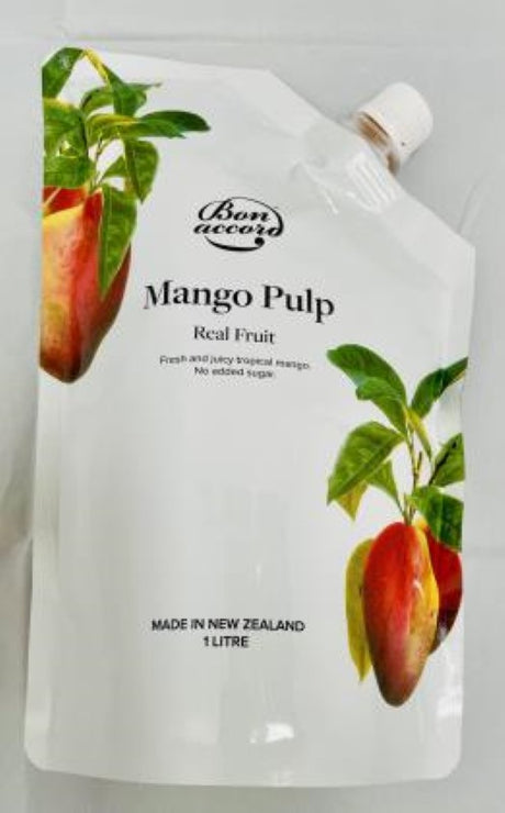 Alt text: "1L pack of Bon Accord Juicy Mango RealFruit Pulp, ideal for smoothies and desserts, made with real mango and no added sugar."