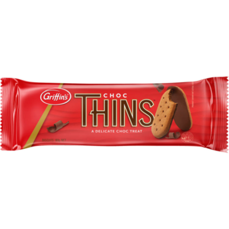 Delicious Griffin's Biscuit Chocolate Thins, 180g pack featuring crispy biscuits coated in rich chocolate, perfect for snacking.