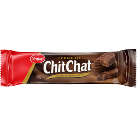 Griffin's Chit Chat Chocolate Biscuits in a 180g pack, featuring crispy layers with rich chocolate filling, made in New Zealand.