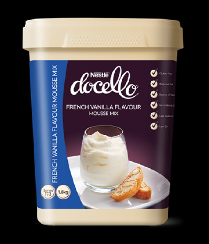 A 1.8KG pack of Nestle Docello French Vanilla Mousse, low GI, gluten-free, creamy dessert mix for versatile culinary creations.