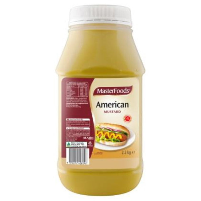 A 2.5KG jar of MasterFoods American Mustard, perfect for enhancing culinary dishes with zesty flavor.