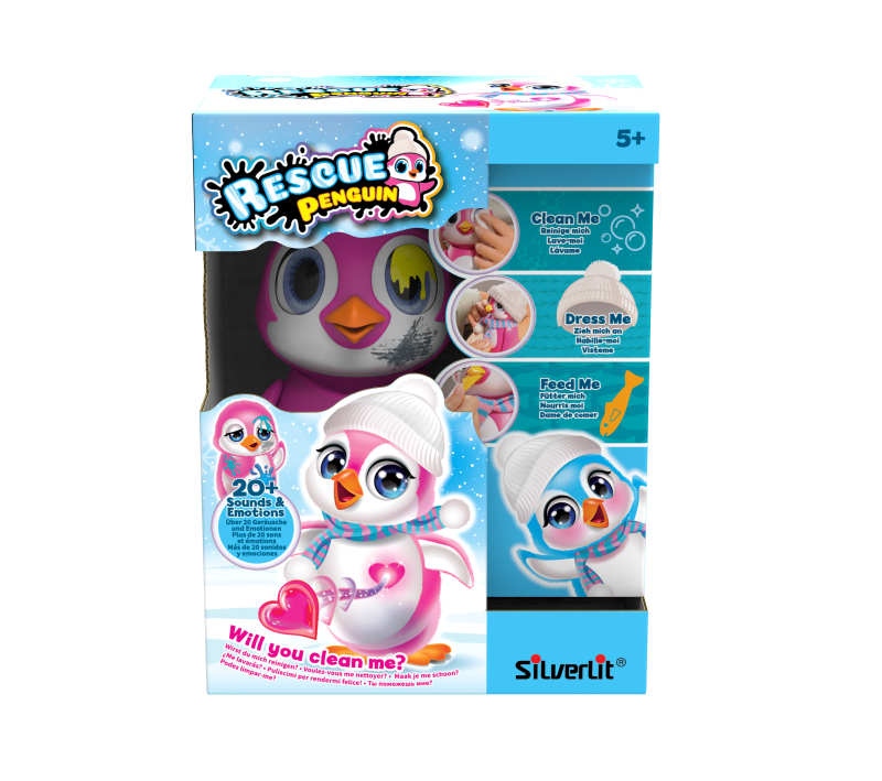 Interactive Rescue Penguin Kit by Silverlit, featuring unboxing surprises, color-changing heart, and nurturing play essentials.