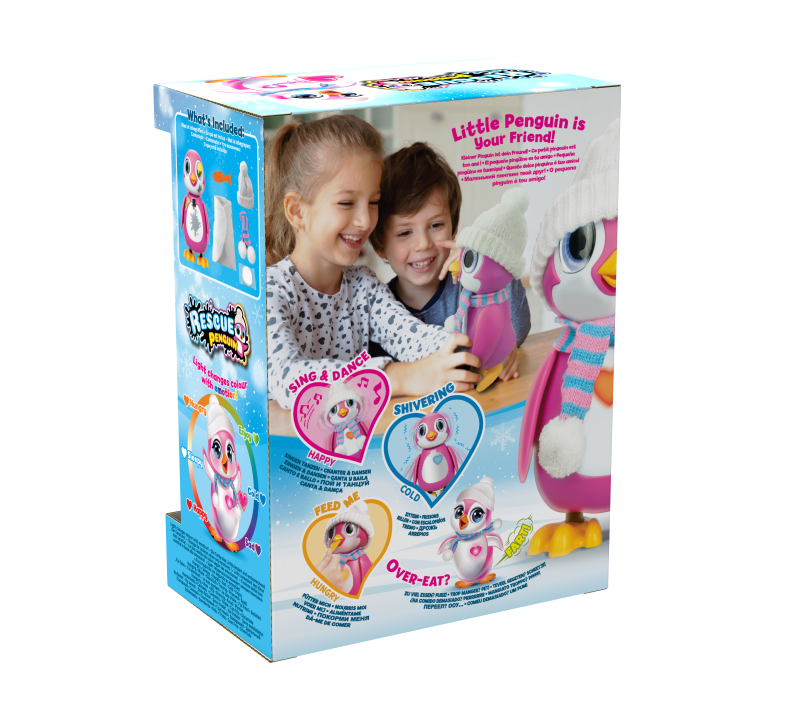 Interactive Rescue Penguin Kit by Silverlit, featuring unboxing surprises like a cleaning cloth, hat, and food for nurturing play.