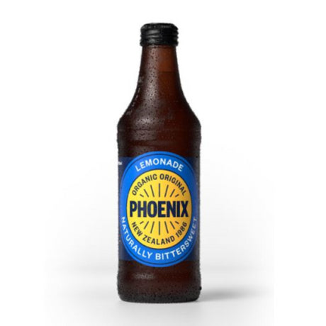 Refreshing organic Phoenix Lemonade in 15 bottles, 328ml each, made in New Zealand with zesty citrus flavor.