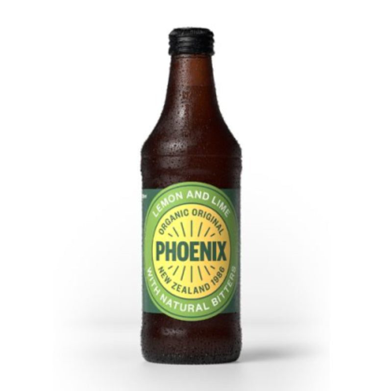 Refreshing Phoenix Lemon Lime Bitters Organic drink in 328ml bottles, featuring zesty citrus flavor from New Zealand.