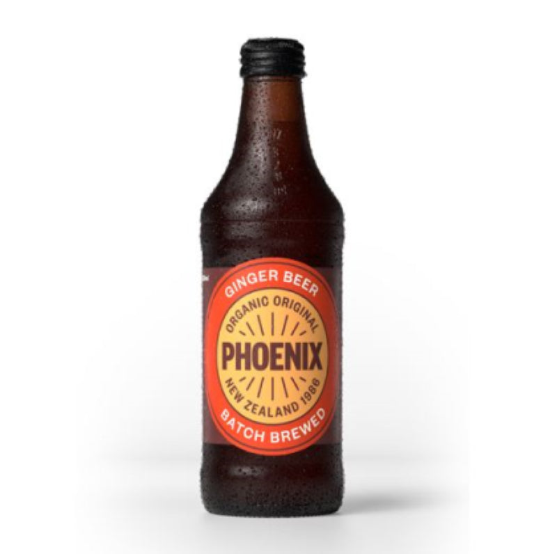 Refreshing Phoenix Organic Ginger Beer pack of 15 bottles, 328ml each, crafted in New Zealand for zesty flavor.