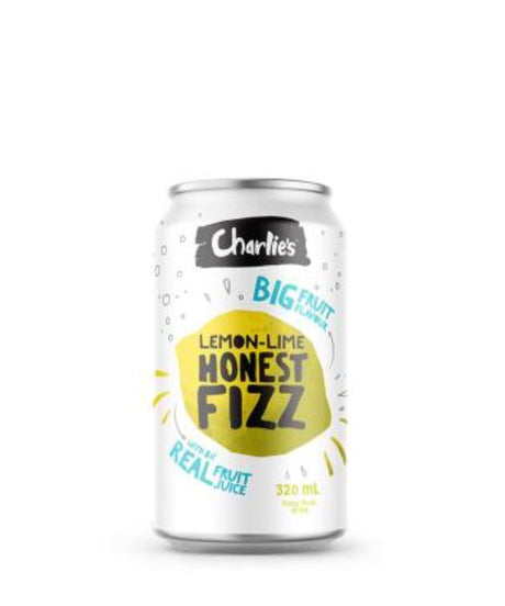 Sparkling 320ml bottles of Charlie's Honest Fizz Lemon Lime, a refreshing, gluten-free beverage from New Zealand.