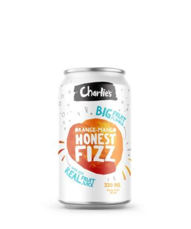 Twelve 320ml cans of Charlie's Honest Fizz Orange Mango, a refreshing sparkling drink with no artificial ingredients.