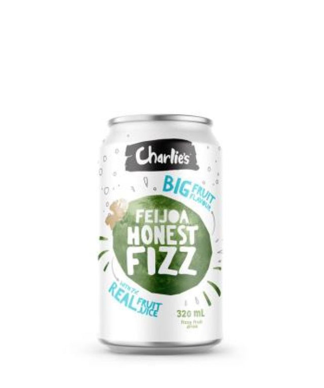 12-pack of Charlie's Honest Fizz Feijoa, 320ml bottles, featuring refreshing fizzy feijoa flavor from New Zealand.