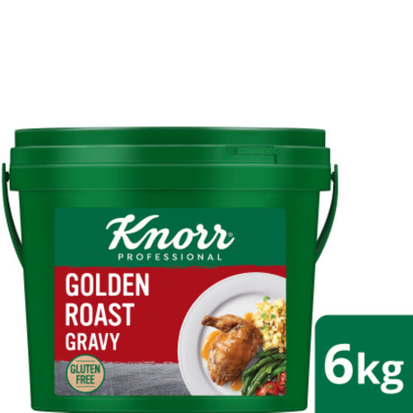 Gluten-free Knorr Gravy Mix Golden Roast, 6KG, rich meat-free sauce perfect for enhancing white meats and vegetarian dishes.