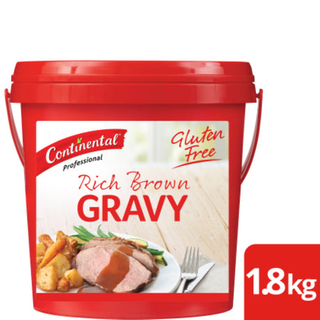 Gluten-free 1.8 KG Rich Brown Gravy Mix from Continental, perfect for enhancing roasts and mashed potatoes with savory flavor.