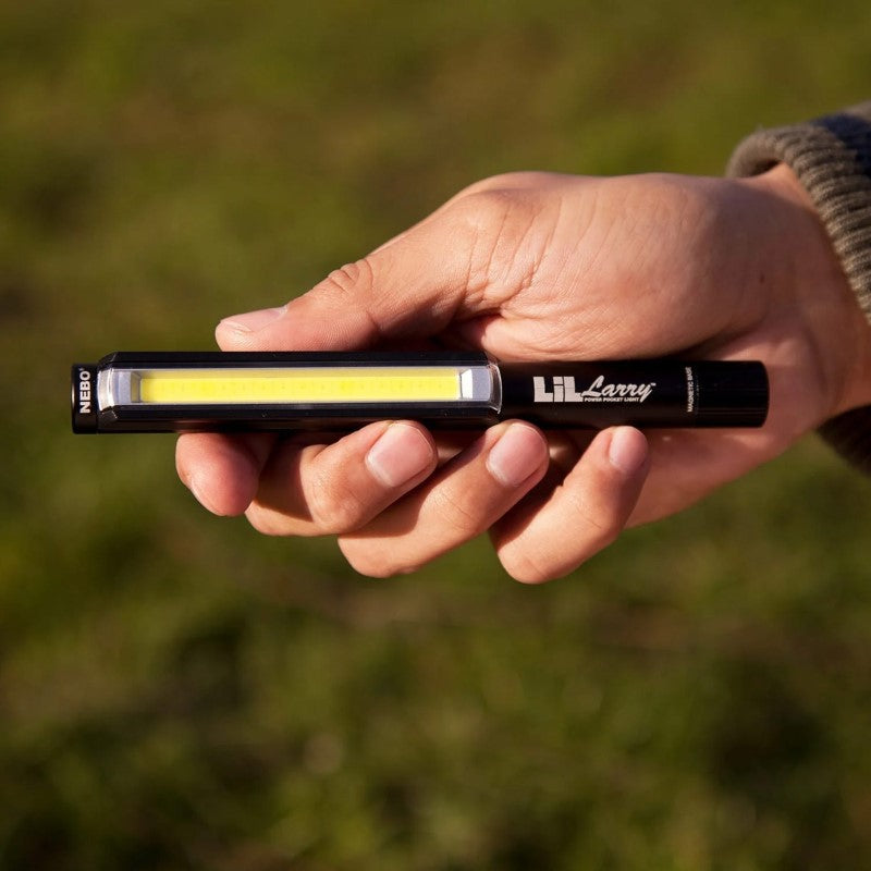 Portable Nebo Lil Larry Flashlight with 250 lumens, multiple modes, magnetic base, and durable aluminum design.