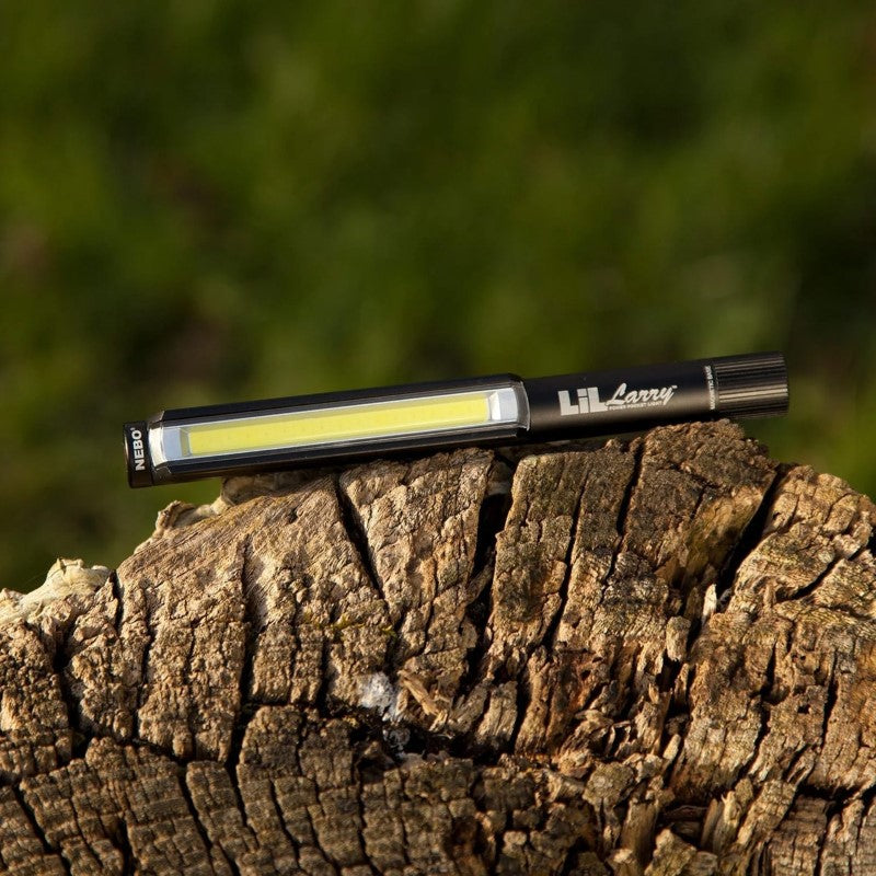 Compact Nebo Lil Larry flashlight with 250 lumens, multiple light modes, magnetic base, and durable aluminium body.