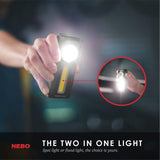 Compact Nebo Tino flashlight with 300 lumens spot light, 250 lumens COB work light, magnetic base, and ergonomic design.