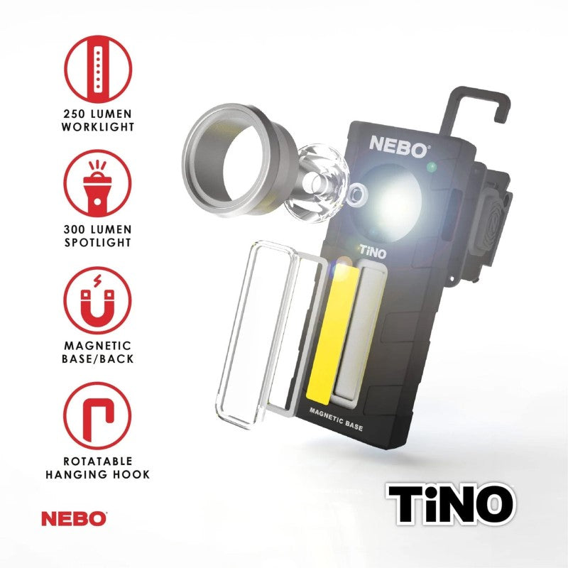 Compact Nebo Tino flashlight with 300 lumen spot and 250 lumen COB work light, featuring durability and hands-free options.