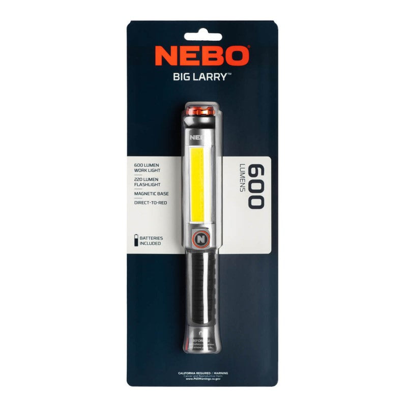 Compact Nebo Big Larry 3 flashlight with 600 lumens work light, magnetic base, and durable, water-resistant aluminum design.