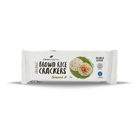 Organic brown rice crackers with seaweed, 115G pack by Ceres, perfect for a savory, nutritious snack.