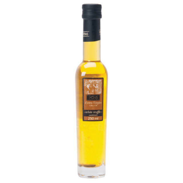 Pons Oil Truffle White 250ml bottle featuring real white truffle pieces, perfect for adding gourmet flavor to dishes.