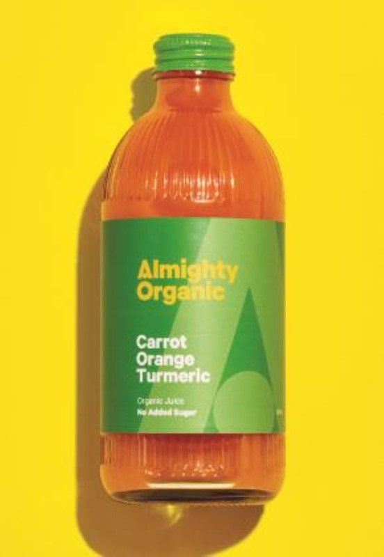 Organic Carrot, Orange, and Turmeric juice pack, featuring 12 bottles of refreshing, nutrient-rich beverage from New Zealand.