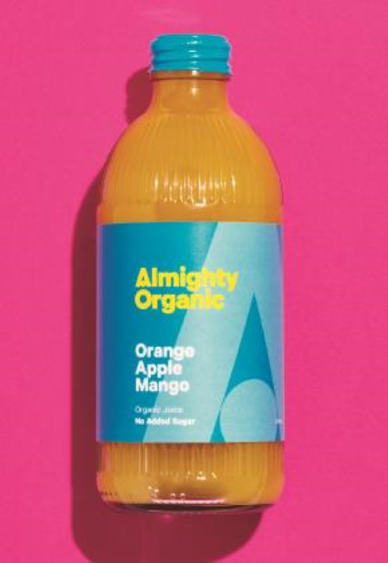 Refreshing 12-pack of 300ml organic Orange, Apple, and Mango drink from Almighty, packed with natural flavors and nutrients.