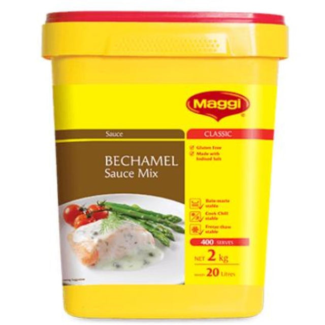 Creamy MAGGI Bechamel Sauce Mix in a 2kg pack, perfect for gluten-free sauces with iodised salt for various dishes.