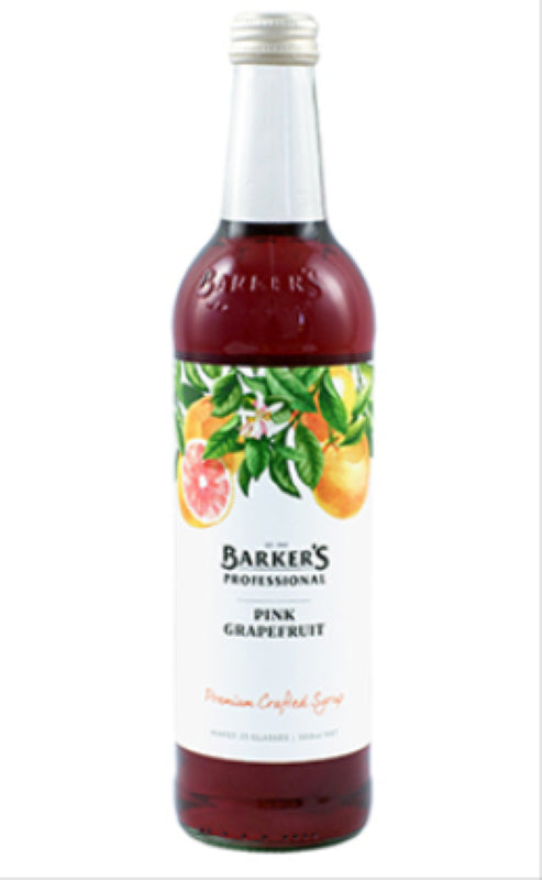 Barker's 500ML Pink Grapefruit Syrup bottle showcasing vibrant flavor for cocktails, sodas, and desserts.