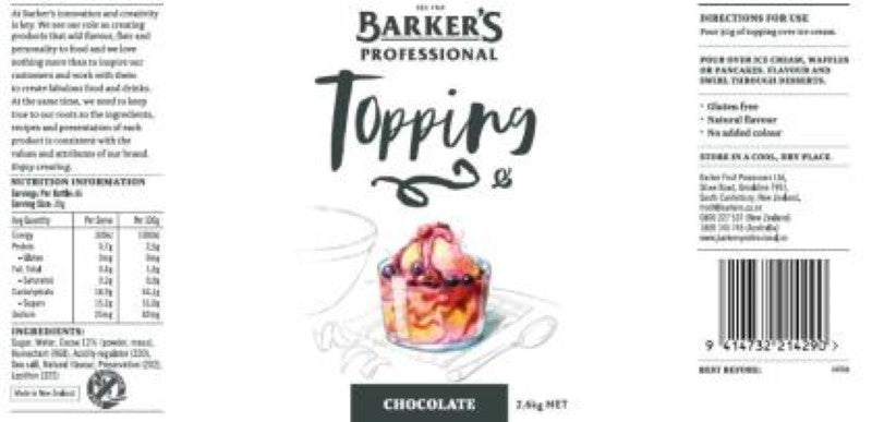 Topping Chocolate by Barkers, 2.6KG; rich, smooth sauce for drizzling over desserts, elevating treats with luxurious flavor.