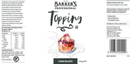 Topping Chocolate by Barkers, 2.6KG; rich, smooth sauce for drizzling over desserts, elevating treats with luxurious flavor.