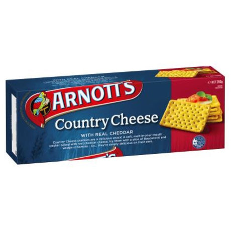 Crisp Arnott's Cracker Country Cheese, a 250G gourmet snack with cheddar and Pecorino, perfect for sharing or solo enjoyment.