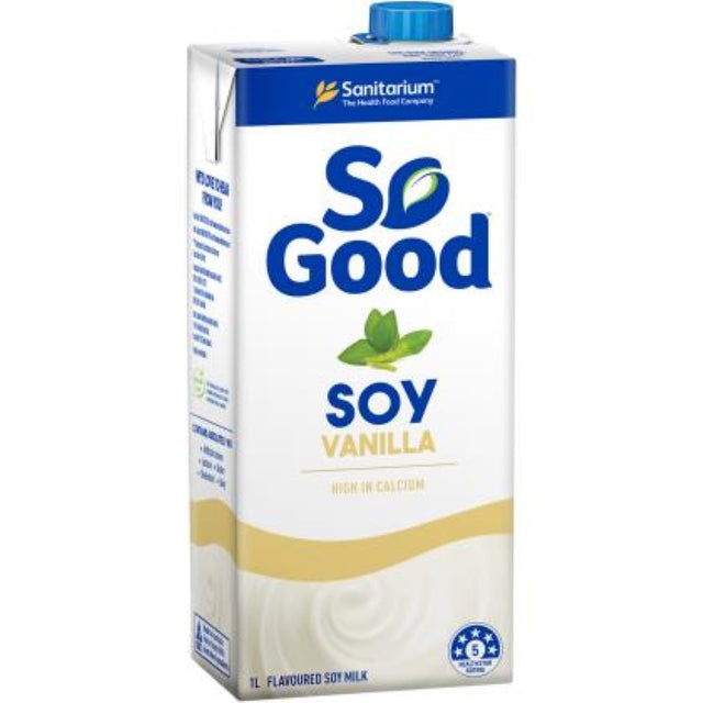 Soy milk with a rich vanilla flavor in a 1L pack, perfect for dairy-free enjoyment and nutritious recipes.