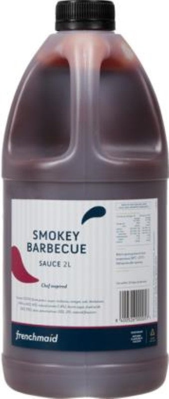 A 2L bottle of Frenchmaid Sauce Barbeque Smokey, featuring hickory smoked flavor perfect for grilling and marinades.