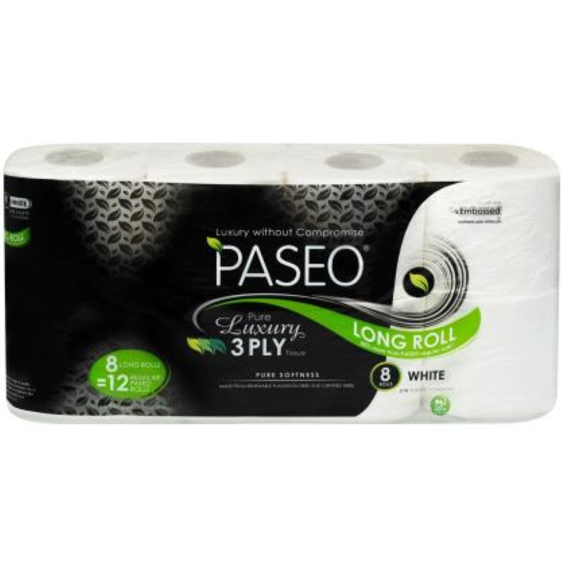 Paseo 3-ply long toilet roll pack of 8 for softness, absorbency, and eco-friendly comfort in every bathroom.