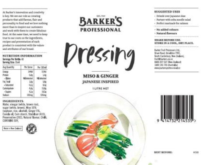 Barkers Miso & Ginger dressing in a 1L bottle, featuring a rich brown color and real ginger pieces for gourmet dishes.