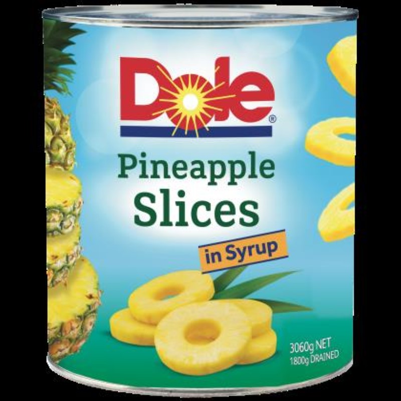 Canned pineapple slices in sweet syrup, perfect for desserts and cocktails, packed in a 3KG Dole container.