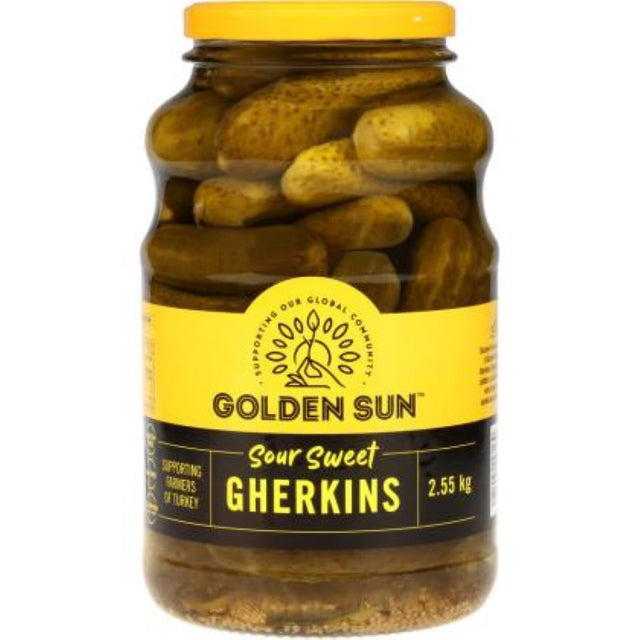 Jar of Whole Sour Sweet Gherkins from Golden Sun, 2.55KG, crunchy, tangy snack from Turkey, perfect for salads and charcuterie.