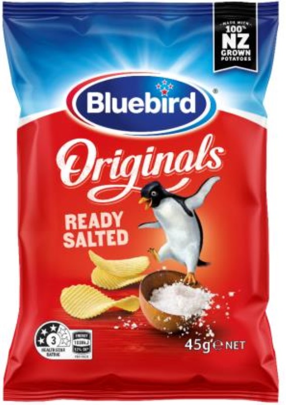 Chips Original Ready Salted by Bluebird in 24 packs of 45g, offering a classic crunch and flavor from New Zealand.