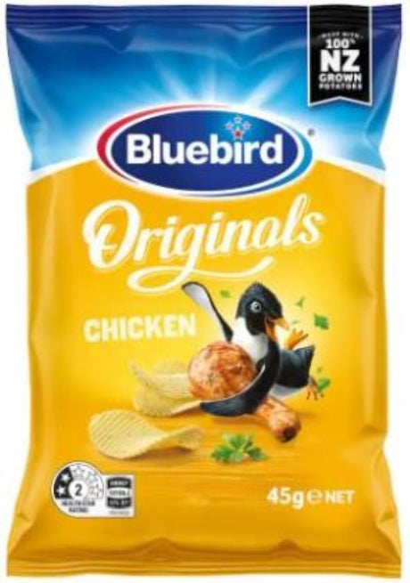 Crispy Bluebird Chips Chicken, 24 snack packs of 45g, perfect for a savory New Zealand snack experience.