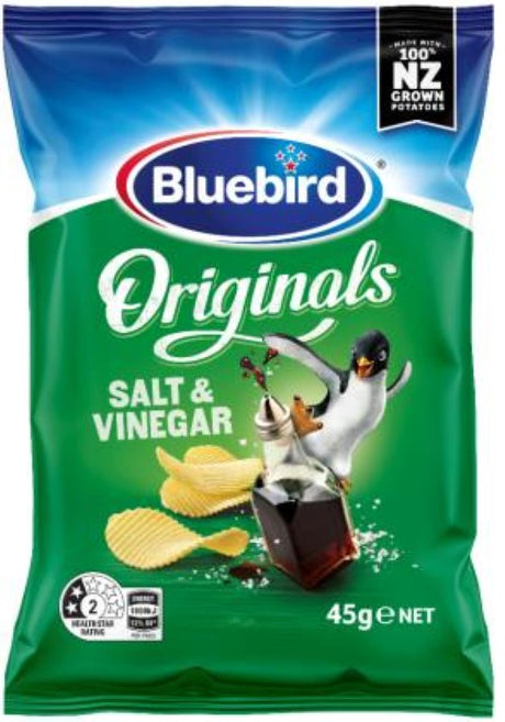 Crispy Bluebird Salted Vinegar chips in a 24-pack, delivering tangy, savory flavor for perfect snacking anytime.