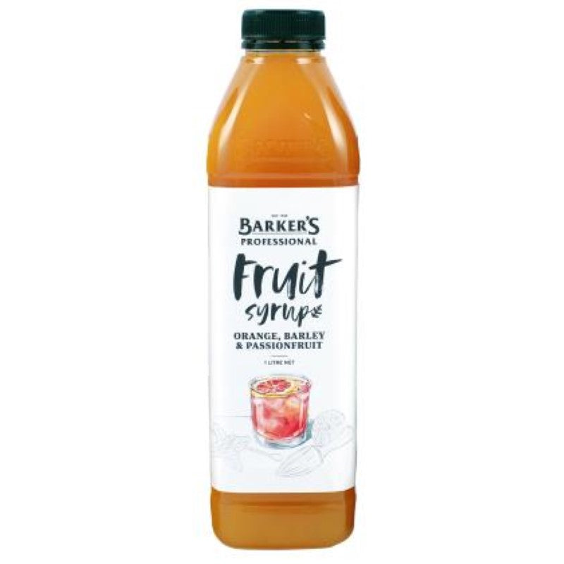 Bottle of Barkers Syrup Orange Barley Passionfruit, 1L, featuring vibrant packaging, ideal for refreshing drinks and desserts.