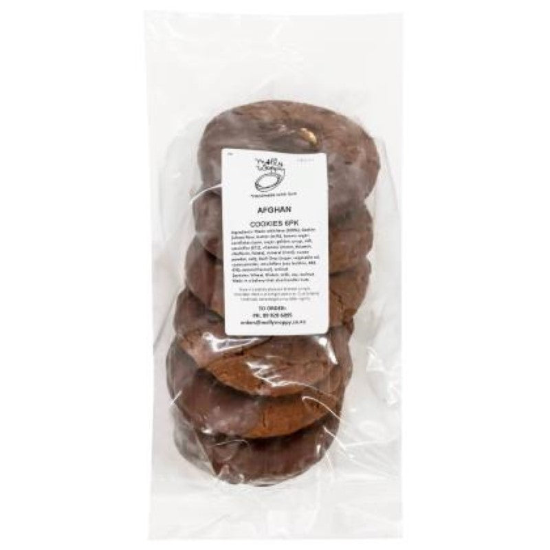 Molly Woppy Biscuit Afghan Large 80G: indulgent chocolate cookies half-dipped in chocolate, topped with walnuts, perfect for sharing.