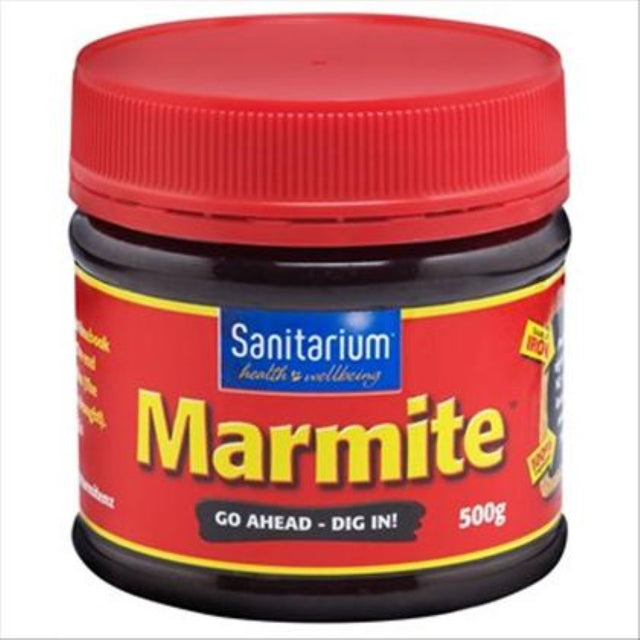 Marmite by Sanitarium in a 500g jar, a bold yeast-based spread perfect for toast and baking recipes.