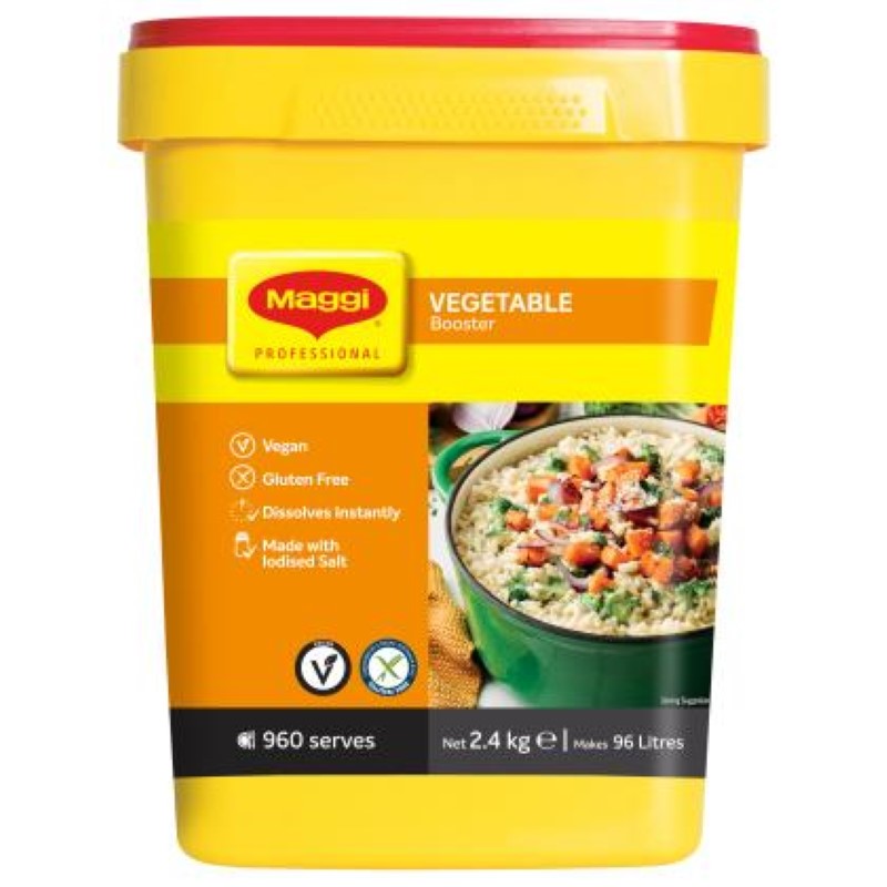 Maggi Stock Vegetable Flavoured Booster 2.4KG, gluten-free, versatile for soups, sauces, and more, enhances flavors effortlessly.