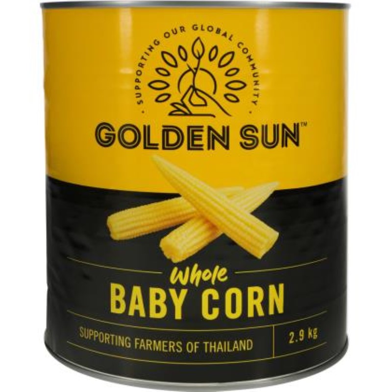 Golden Sun Whole Baby Corn Spears in Brine, 2.9KG pack, perfect for enhancing stir-fries and salads with fresh flavor.